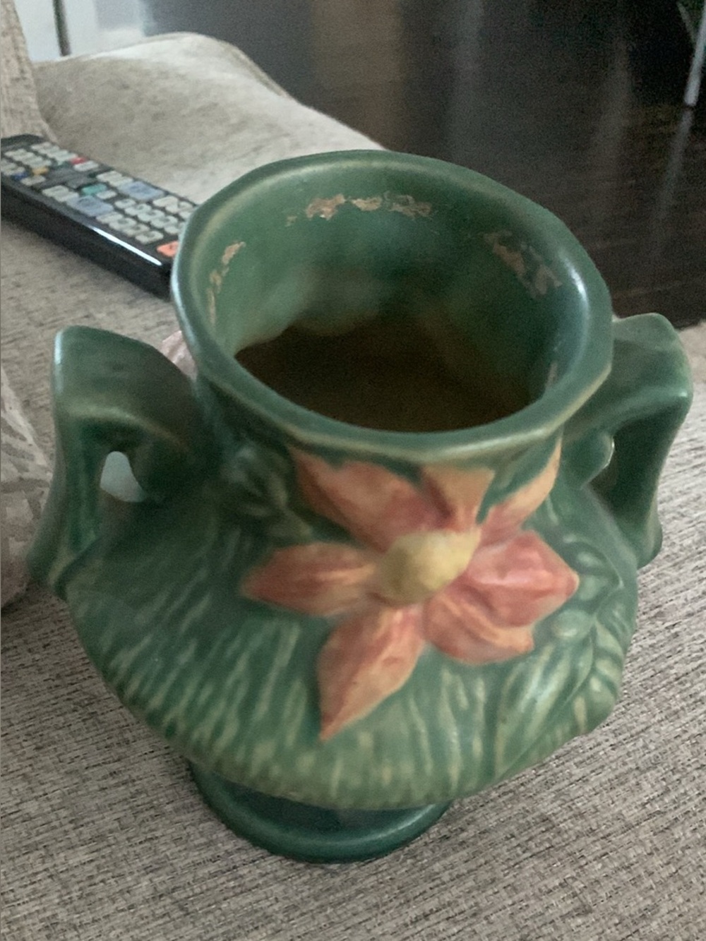 Hand-Painted Green Ceramic Vase with Pink Flower Accent